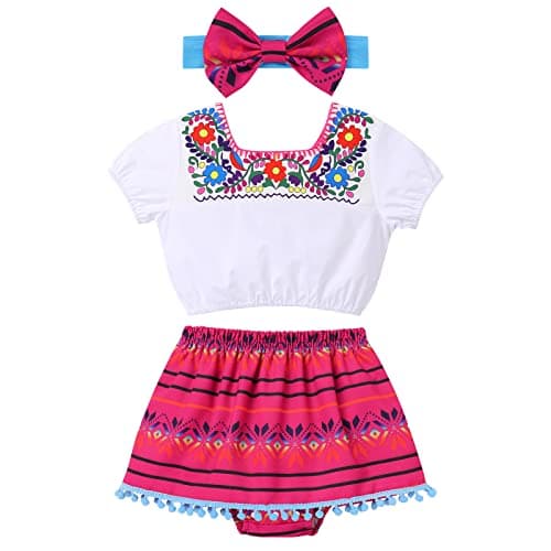 ODIZLI Girls Traditional Mexican Off-Shoulder Floral Embroidered Dress