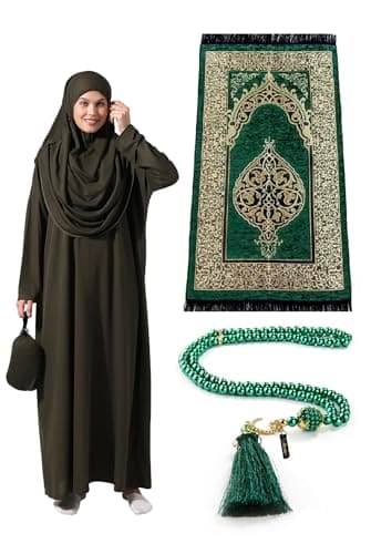 ihvan Online Muslim Women's One-Piece Prayer Dress & Rug & Beads Set