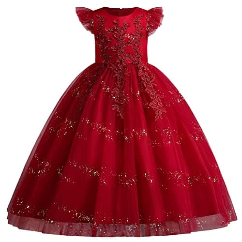 IDOPIP Kids' Flower Girl Lace Formal Long Tulle Dress for Weddings Bridesmaids