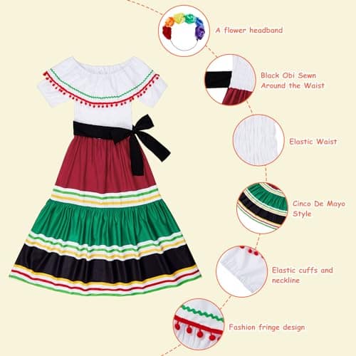Mexican Girls Dress Cinco de Mayo Off-Shoulder Flower Dance
