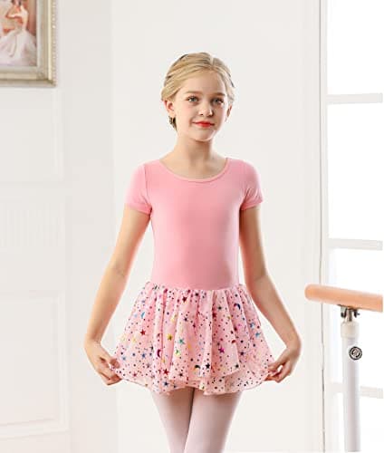 WYHDY Girls' Shiny Ballet Leotards with Hollow Crisscross Back Short Sleeve