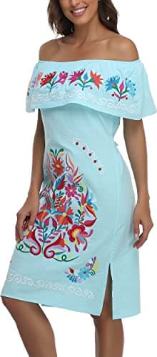 YZXDORWJ Women's Mexican Embroidered Ruffle Collar Dress