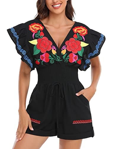 YZXDORWJ Women's Mexican Embroidered Floral V-Neck Butterfly Sleeve Jumpsuit