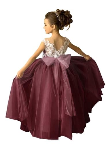 Zikusel Lace Applique Tulle Flower Girl Wedding Dress V-Back Satin Bow Knot
