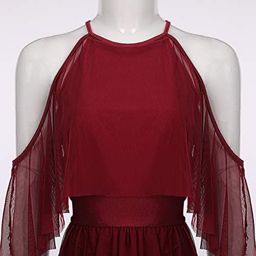 Women's Lyrical Dance Costume with Shiny Criss Cross Straps and Full Circle Mesh Tulle - Long Dress with Brooch Pin