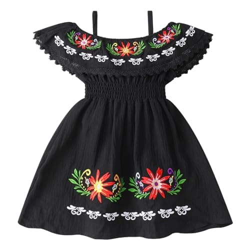 FYMNSI Toddler Mexican Off-Shoulder Floral Embroidered Casual Dress
