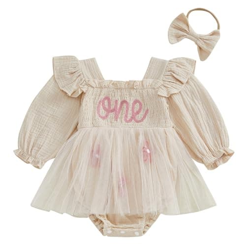 BOEBNOZCV Baby Girl 1st Birthday Ruffled Tulle Romper Long Sleeve Dress