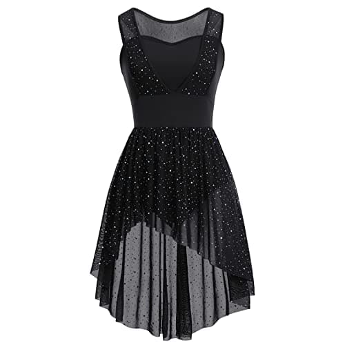 ODASDO Women's Lyrical Dance Rhinestone Asymmetrical Mesh Tulle Leotard Ice Skating Ballet Costume