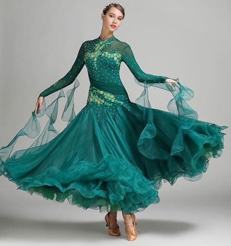 ELLYDOOR Women's Floral Rhinestone Ballroom Waltz Dress for Prom & Competition