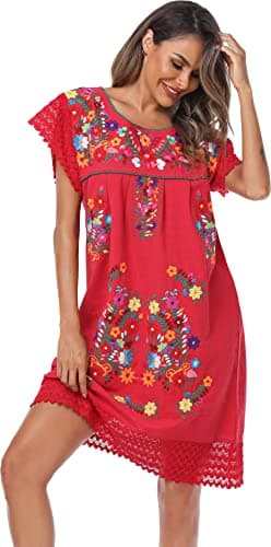 YZXDORWJ Women's Embroidered Mexican Peasant Lace Short Sleeve Dress