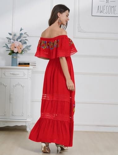 OMEWEE Women's Traditional Off-Shoulder Embroidered Maxi Dress Casually Chic Cinco de Mayo Outfit
