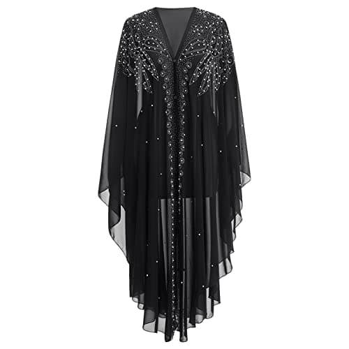 OBEEII Loose Batwing Hooded Beaded Embroidery Abaya Dress for Women
