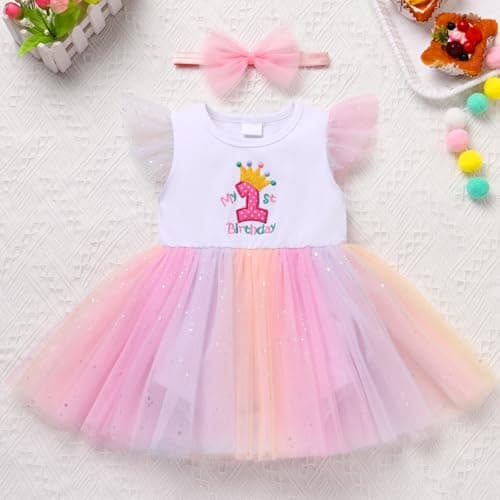 ODASDO Baby Girl First Birthday Cake Smash Tutu Dress with Bowknot Headband
