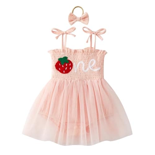 DLLYING Baby Girl Summer Smocked Fairy Berry One-Piece Tulle Romper with Headband