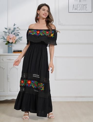 IKADEX Women's Floral Embroidered Off-Shoulder Maxi DressSummer Beach Party