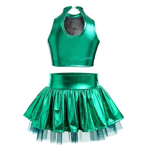 Girls Metallic Dance Costume with Shiny Sequin Tank Crop Top & Ruffle Skirt