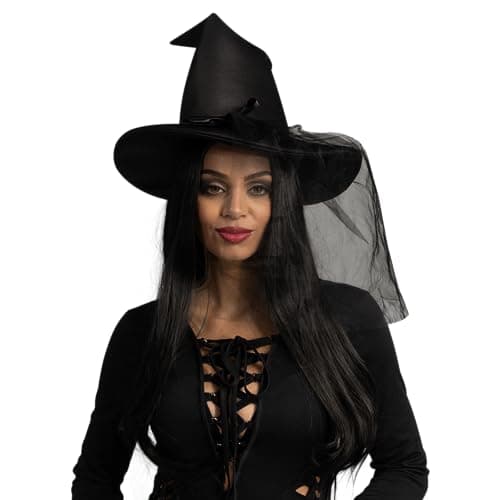 Wicked Witch Hat with Lace Veils for Women, Spooky Halloween Costume Accessory