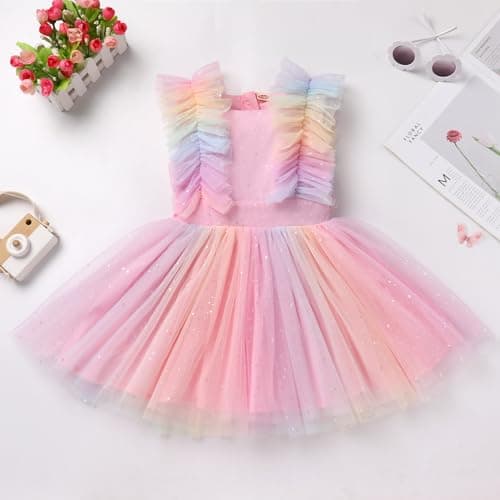 ODASDO Kids Girls Tutu Tulle Ruffle Sleeve Princess Dress for Birthday Parties