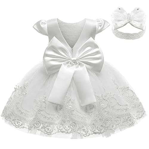 3M-3T Toddler Girls Formal Flower Girl Wedding Dress with Embroidered Lace & Headwear