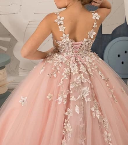 PSAISY Floral Applique Tulle Flower Girl Dress for Weddings & Birthday Parties