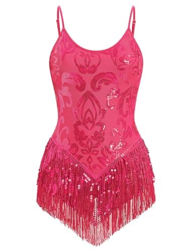Sparkly Sequin Fringe Bodysuit for Women who Dance Latin Jazz and Samba