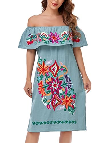 YZXDORWJ Women's Mexican Embroidered Ruffle Collar Dress