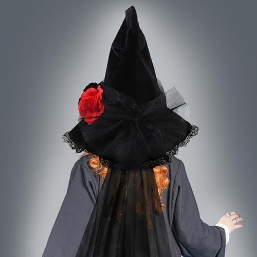 KIHOARL Baroque Gothic Rose Lace Pointed Witch Hat Velvet Masquerade Cosplay Accessory