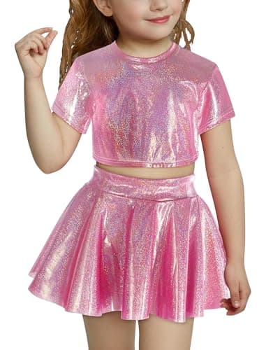 ODASDO Shiny Metallic Crop Top & Pleated Skirt Set for Girls Performance Dancewear