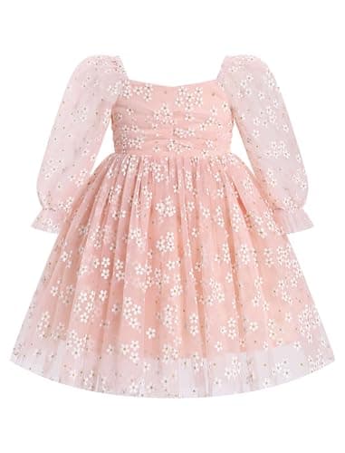 ODASDO Girls' Square Neck Mesh Long Sleeve Tutu Dress for Special Occasions