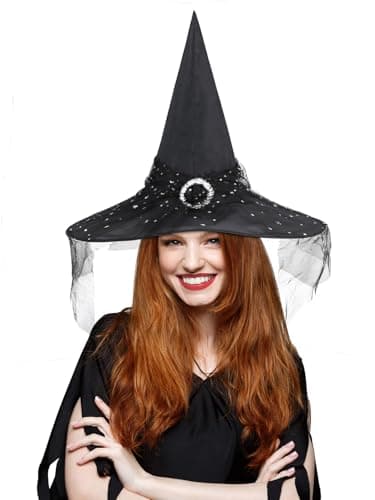 Womens Halloween Witch Hat with Veil for Cosplay Party