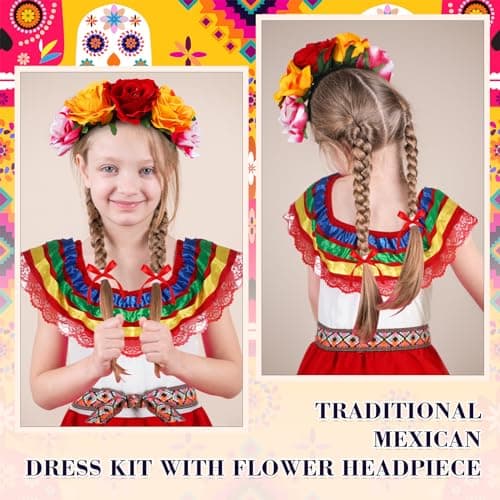 Funnysoft 6pcs Mexican Dress for Girls Cinco De Mayo Flower HeadpieceCostume