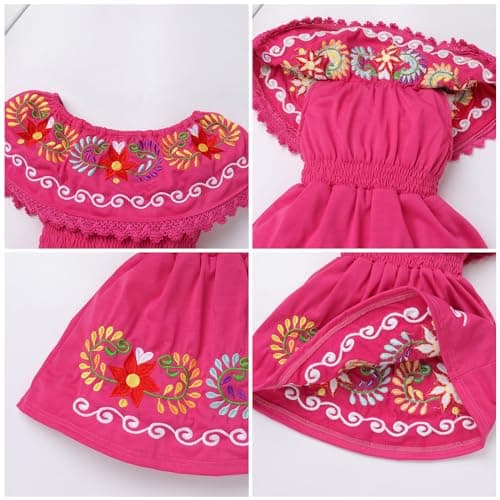 ODIZLI Girls Traditional Mexican Off-Shoulder Floral Embroidered Dress