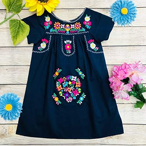 Unik Traditional Mexican Girl Embroidered Cultural Dress Size 2-14 Navy White Pink Mint Coral