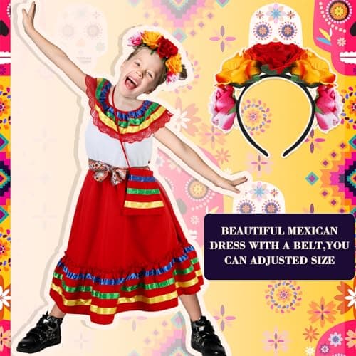 Funnysoft 6pcs Mexican Dress for Girls Cinco De Mayo Flower HeadpieceCostume