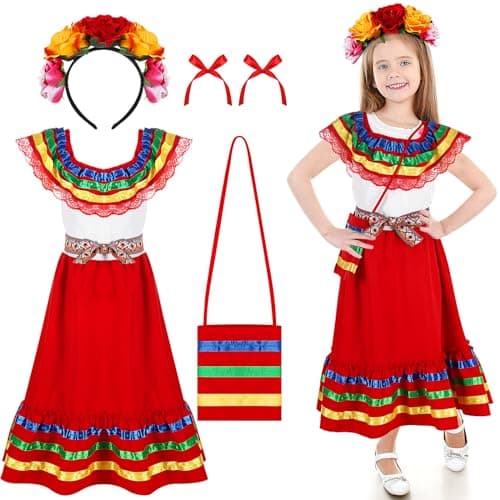 Funnysoft 6pcs Mexican Dress for Girls Cinco De Mayo Flower HeadpieceCostume