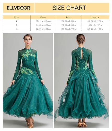 ELLYDOOR Women's Floral Rhinestone Ballroom Waltz Dress for Prom & Competition