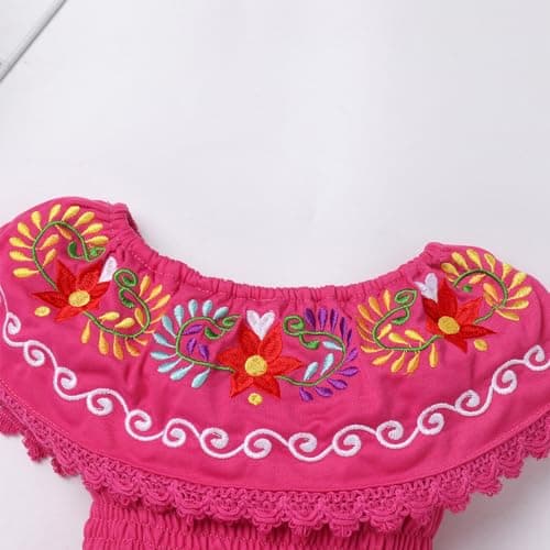 ODIZLI Girls Traditional Mexican Off-Shoulder Floral Embroidered Dress