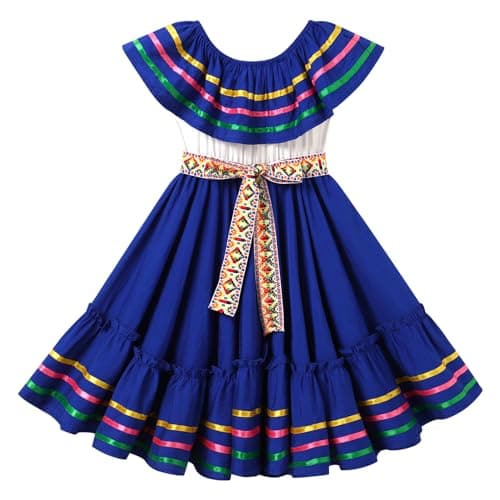 Mexican Folk Ruffle Drape Dress for Girls with Belt