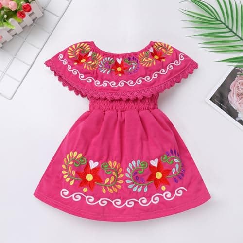 ODIZLI Girls Traditional Mexican Off-Shoulder Floral Embroidered Dress