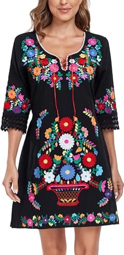 YZXDORWJ Women's Mexican V-Neck Fiesta Dress with Short Sleeves