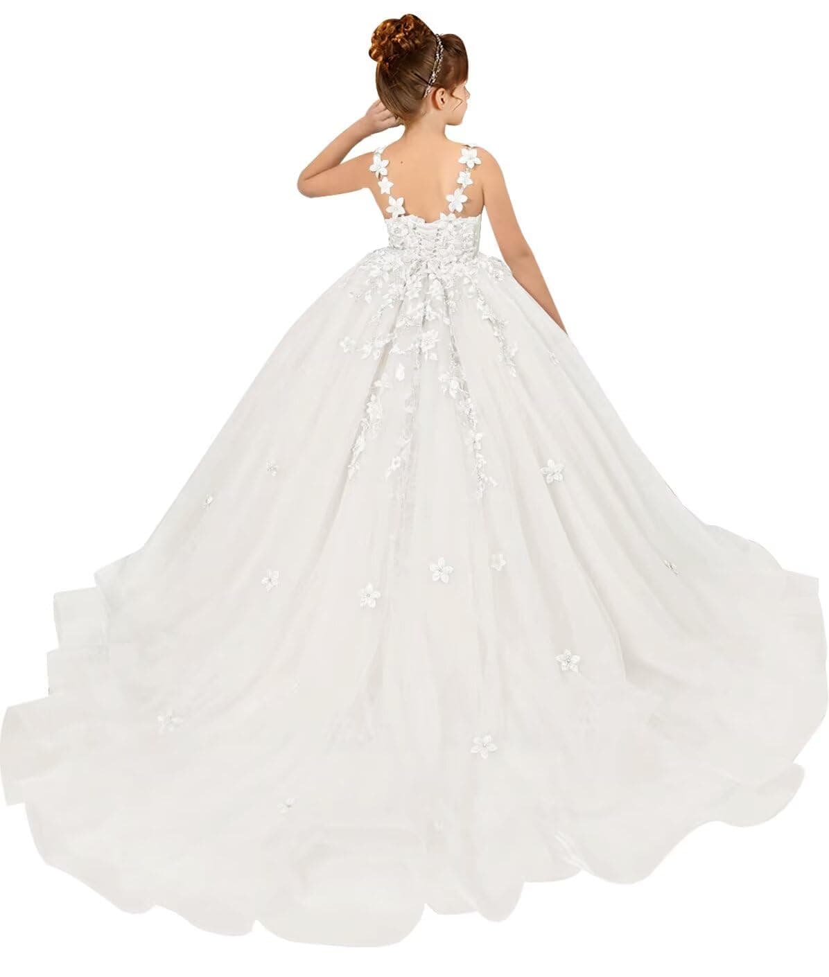 PSAISY Floral Applique Tulle Flower Girl Dress for Weddings & Birthday Parties