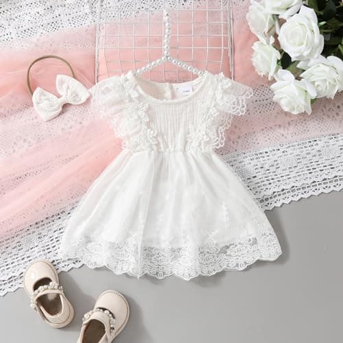 Aiwpstoin Boho Floral Lace Baby Girl Dress with Headband