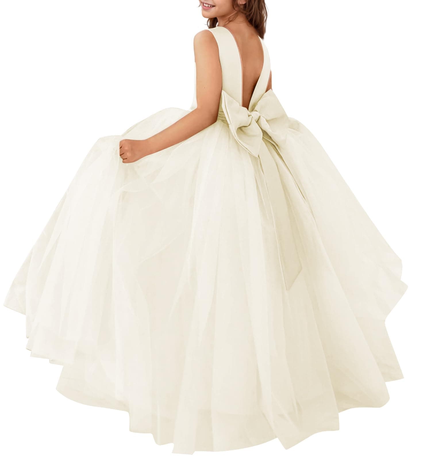 MCieloLuna Flower Girl Satin Tulle Princess Dress with Bow-Knot