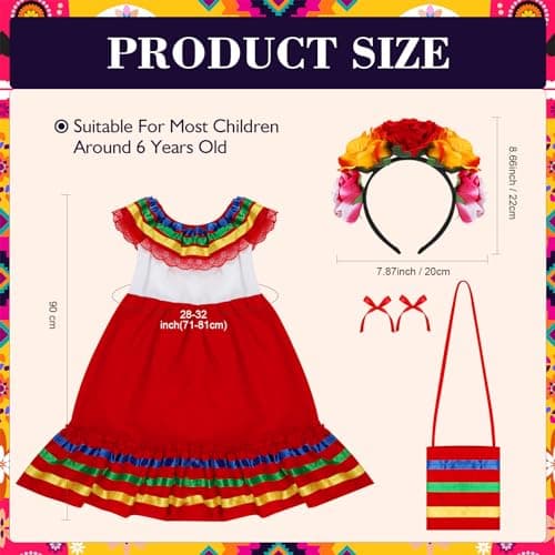 Funnysoft 6pcs Mexican Dress for Girls Cinco De Mayo Flower HeadpieceCostume