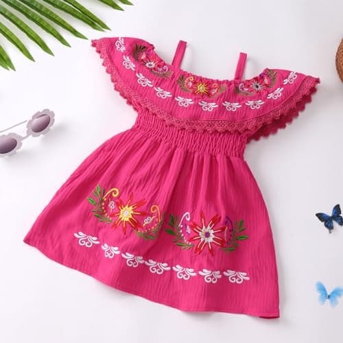 FYMNSI Toddler Mexican Off-Shoulder Floral Embroidered Casual Dress