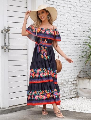 Off Shoulder Floral Print Mexican Maxi Dress for Women