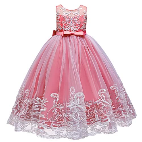 IDOPIP Kids' Flower Girl Lace Formal Long Tulle Dress for Weddings Bridesmaids