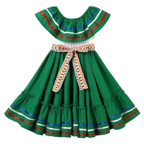 Mexican Folk Ruffle Drape Dress for Girls with Belt