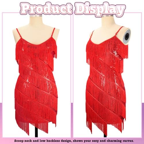 REETAN Sequin Latin Dance Dress for Women Salsa Ballroom Fringe Flappe Costumes