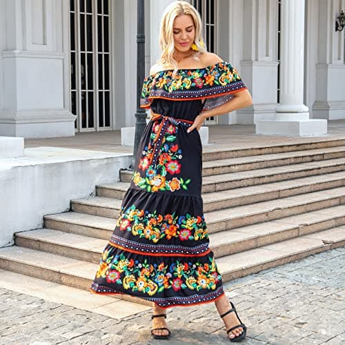 Mexican Floral Print Off The Shoulder Maxi Dress for Women